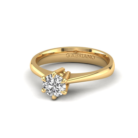 Gabriano Rafaella 6 tırnaklı tektaş yüzük; GIA-HRD sertifikalı yuvarlak pırlanta ve sarı altın montürün üstten görünüşü