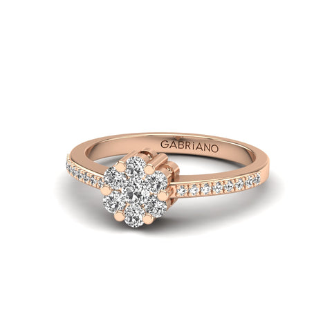 Gabriano Elsa tektaş efektli yüzük; yuvarlak pırlanta ve rose altın montürün üstten görünüşü