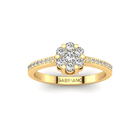 Gabriano Elsa tektaş efektli yüzük; yuvarlak pırlanta ve sarı altın montürün üstten görünüşü