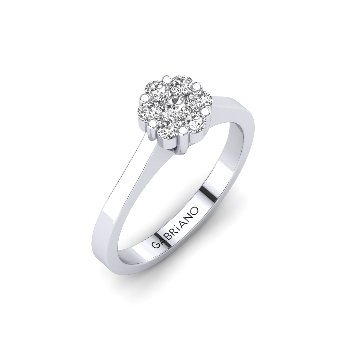 Gabriano Chiara tektaş efektli yüzük; yuvarlak pırlanta ve beyaz altın montürün üstten görünüşü