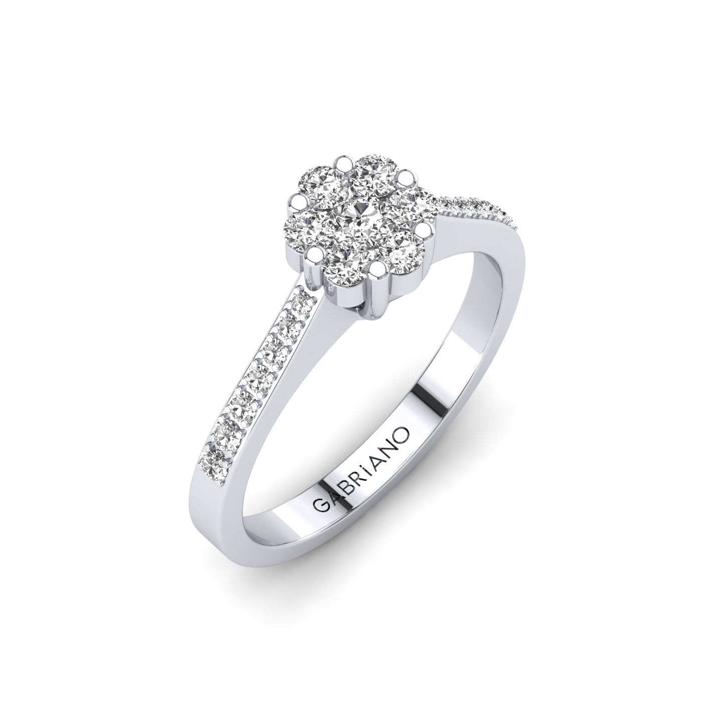 Gabriano Andrea tektaş efektli yüzük; yuvarlak pırlanta ve beyaz altın montürün üstten görünüşü