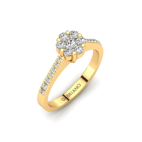 Gabriano Andrea tektaş efektli yüzük; yuvarlak pırlanta ve sarı altın montürün üstten görünüşü