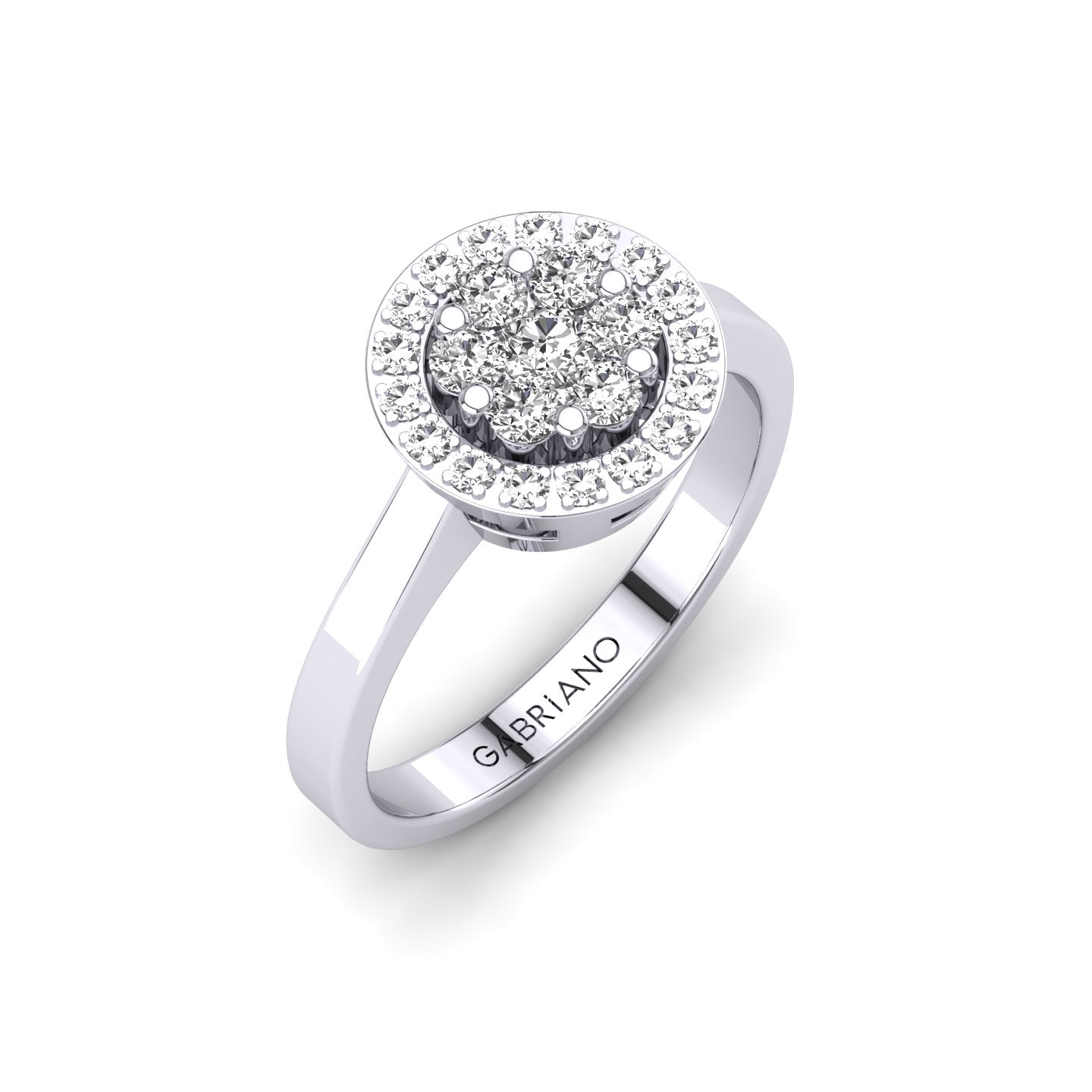 Gabriano Carey tektaş efektli yüzük; yuvarlak pırlanta ve beyaz altın montürün üstten görünüşü