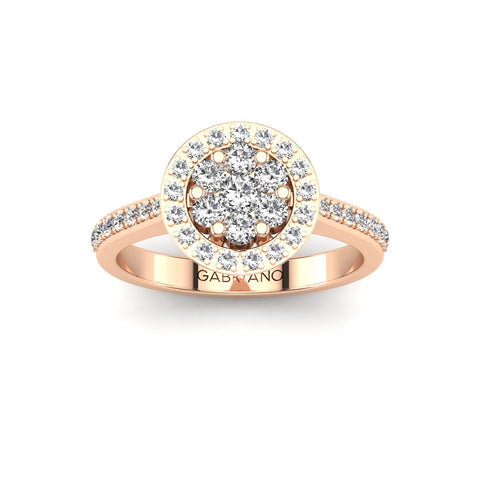 Gabriano Rosy tektaş efektli yüzük; yuvarlak pırlanta ve rose altın montürün üstten görünüşü