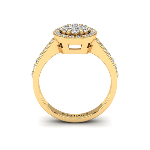 Gabriano Rosy tektaş efektli yüzük; yuvarlak pırlanta ve sarı altın montürün yandan görünüşü