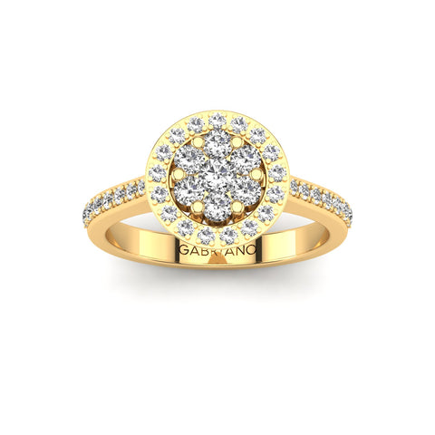 Gabriano Rosy tektaş efektli yüzük; yuvarlak pırlanta ve sarı altın montürün üstten görünüşü