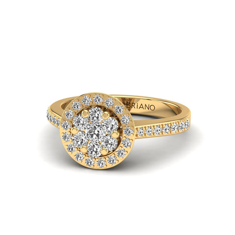 Gabriano Rosy tektaş efektli yüzük; yuvarlak pırlanta ve sarı altın montürün üstten görünüşü