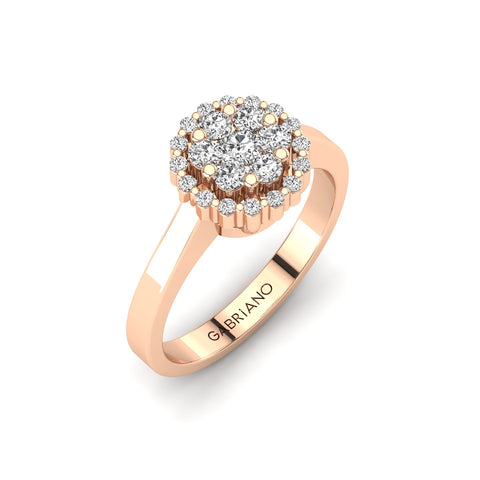 Gabriano Mellonia tektaş efektli yüzük; yuvarlak pırlanta ve rose altın montürün üstten görünüşü