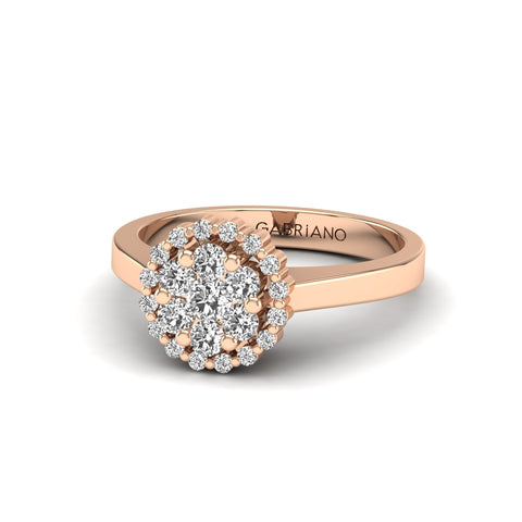 Gabriano Mellonia tektaş efektli yüzük; yuvarlak pırlanta ve rose altın montürün üstten görünüşü