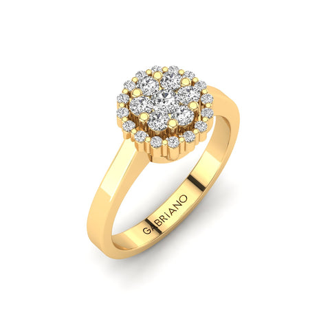 Gabriano Mellonia tektaş efektli yüzük; yuvarlak pırlanta ve sarı altın montürün üstten görünüşü