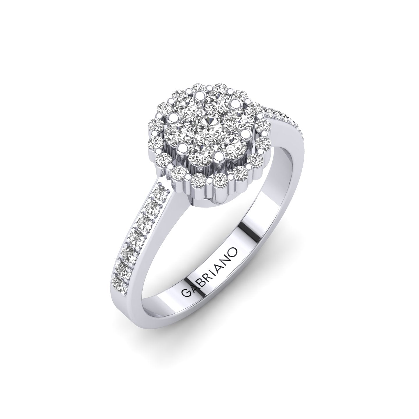 Gabriano Ferentina tektaş efektli yüzük; yuvarlak pırlanta ve beyaz altın montürün üstten görünüşü