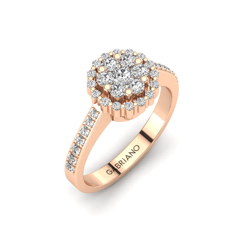 Gabriano Ferentina tektaş efektli yüzük; yuvarlak pırlanta ve rose altın montürün üstten görünüşü