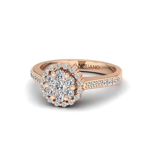 Gabriano Ferentina tektaş efektli yüzük; yuvarlak pırlanta ve rose altın montürün üstten görünüşü