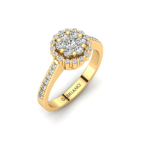 Gabriano Ferentina tektaş efektli yüzük; yuvarlak pırlanta ve sarı altın montürün üstten görünüşü