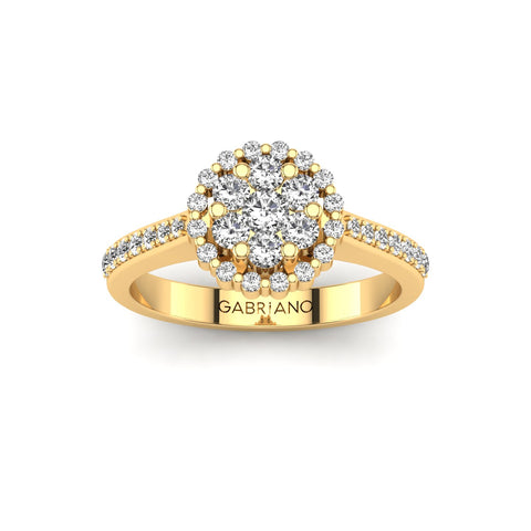 Gabriano Ferentina tektaş efektli yüzük; yuvarlak pırlanta ve sarı altın montürün üstten görünüşü