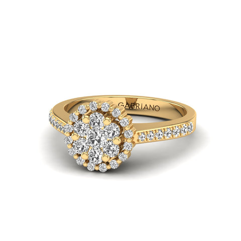 Gabriano Ferentina tektaş efektli yüzük; yuvarlak pırlanta ve sarı altın montürün üstten görünüşü