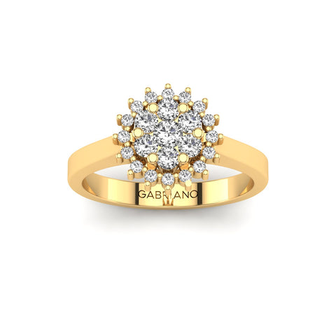 Gabriano Nemesis tektaş efektli yüzük; yuvarlak pırlanta ve sarı altın montürün üstten görünüşü