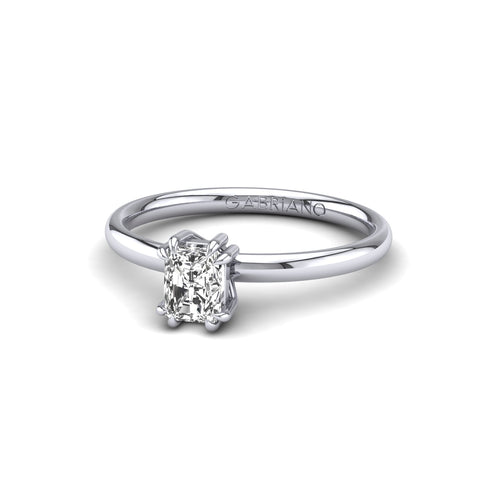 Gabriano Kaleidos 8 pençe tırnaklı tektaş yüzük; GIA-HRD sertifikalı radiant pırlanta ve beyaz altın montürün üstten görünüşü