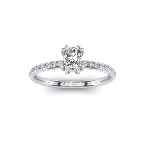 Gabriano Arborea 8 pençe tırnaklı tektaş yüzük; GIA-HRD sertifikalı radiant pırlanta ve beyaz altın montürün üstten görünüşü