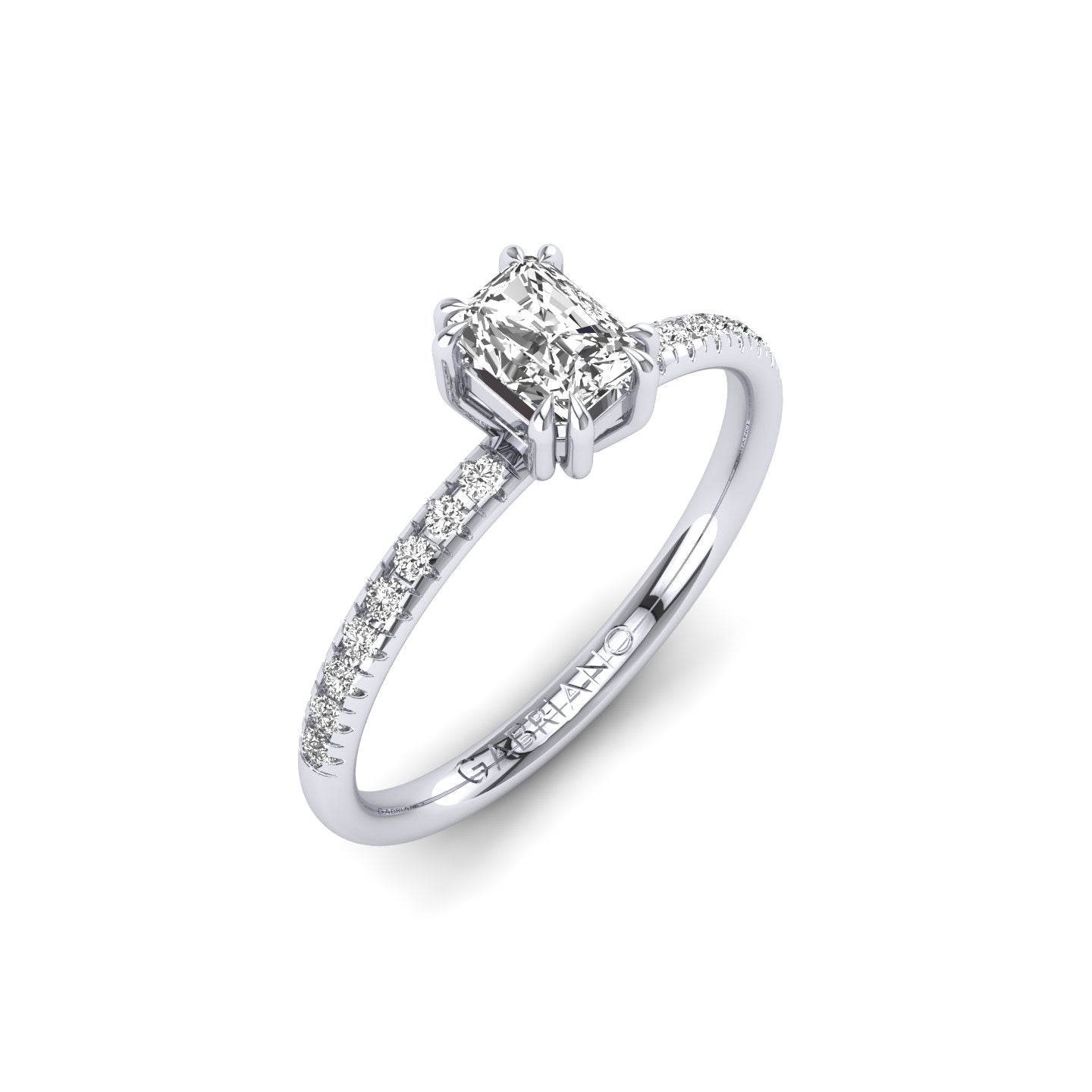 Gabriano Arborea 8 pençe tırnaklı tektaş yüzük; GIA-HRD sertifikalı radiant pırlanta ve beyaz altın montürün üstten görünüşü