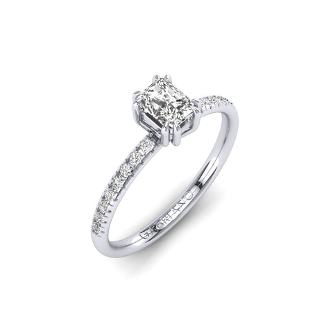 Gabriano Arborea 8 pençe tırnaklı tektaş yüzük; GIA-HRD sertifikalı radiant pırlanta ve beyaz altın montürün üstten görünüşü