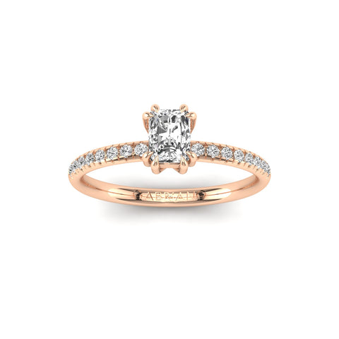 Gabriano Arborea 8 pençe tırnaklı tektaş yüzük; GIA-HRD sertifikalı radiant pırlanta ve rose altın montürün üstten görünüşü