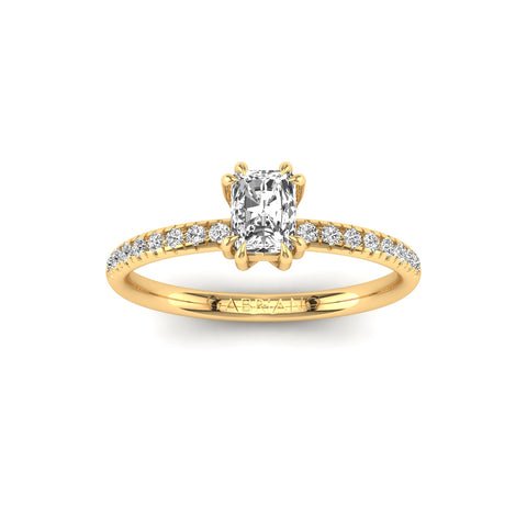 Gabriano Arborea 8 pençe tırnaklı tektaş yüzük; GIA-HRD sertifikalı radiant pırlanta ve sarı altın montürün üstten görünüşü