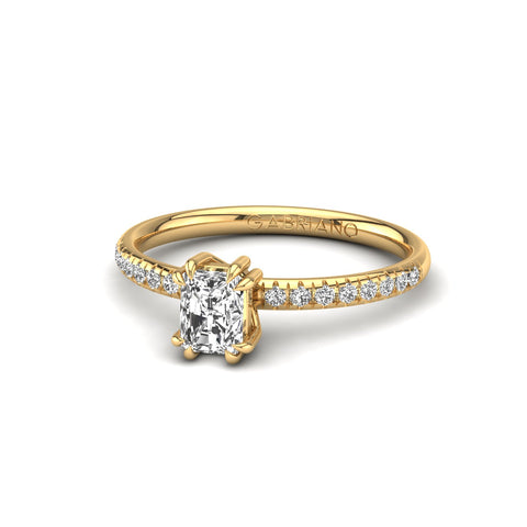 Gabriano Arborea 8 pençe tırnaklı tektaş yüzük; GIA-HRD sertifikalı radiant pırlanta ve sarı altın montürün üstten görünüşü
