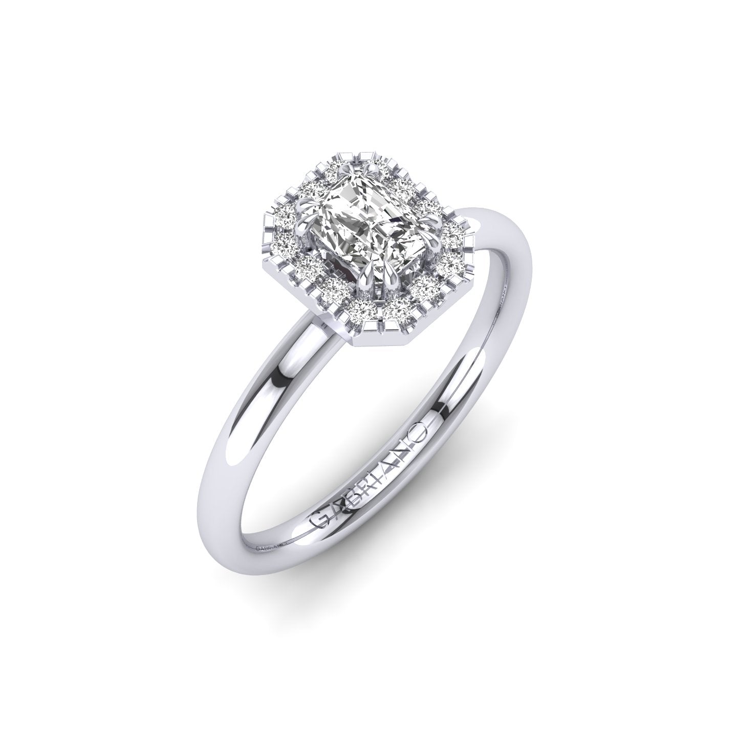 Gabriano Valente 8 Pençe tırnaklı tektaş yüzük; GIA-HRD sertifikalı radiant pırlanta ve beyaz altın montürün üstten görünüşü