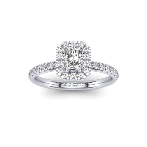 Gabriano Rivara 8 tırnaklı tektaş yüzük; GIA-HRD sertifikalı radiant pırlanta ve beyaz altın montürün üstten görünüşü