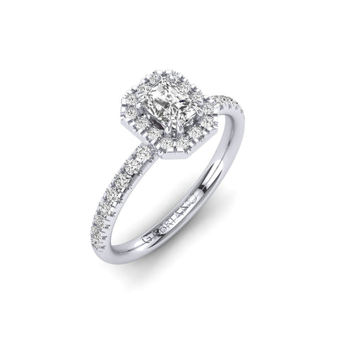 Gabriano Rivara 8 tırnaklı tektaş yüzük; GIA-HRD sertifikalı radiant pırlanta ve beyaz altın montürün üstten görünüşü