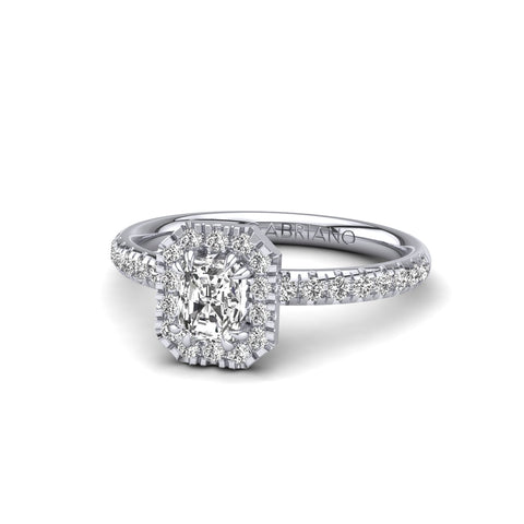 Gabriano Rivara 8 tırnaklı tektaş yüzük; GIA-HRD sertifikalı radiant pırlanta ve beyaz altın montürün üstten görünüşü