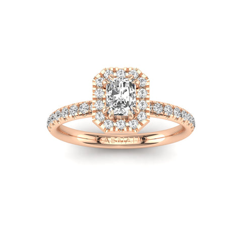 Gabriano Rivara 8 tırnaklı tektaş yüzük; GIA-HRD sertifikalı radiant pırlanta ve rose altın montürün üstten görünüşü