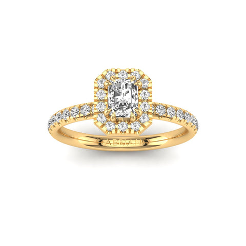 Gabriano Rivara 8 tırnaklı tektaş yüzük; GIA-HRD sertifikalı radiant pırlanta ve sarı altın montürün üstten görünüşü