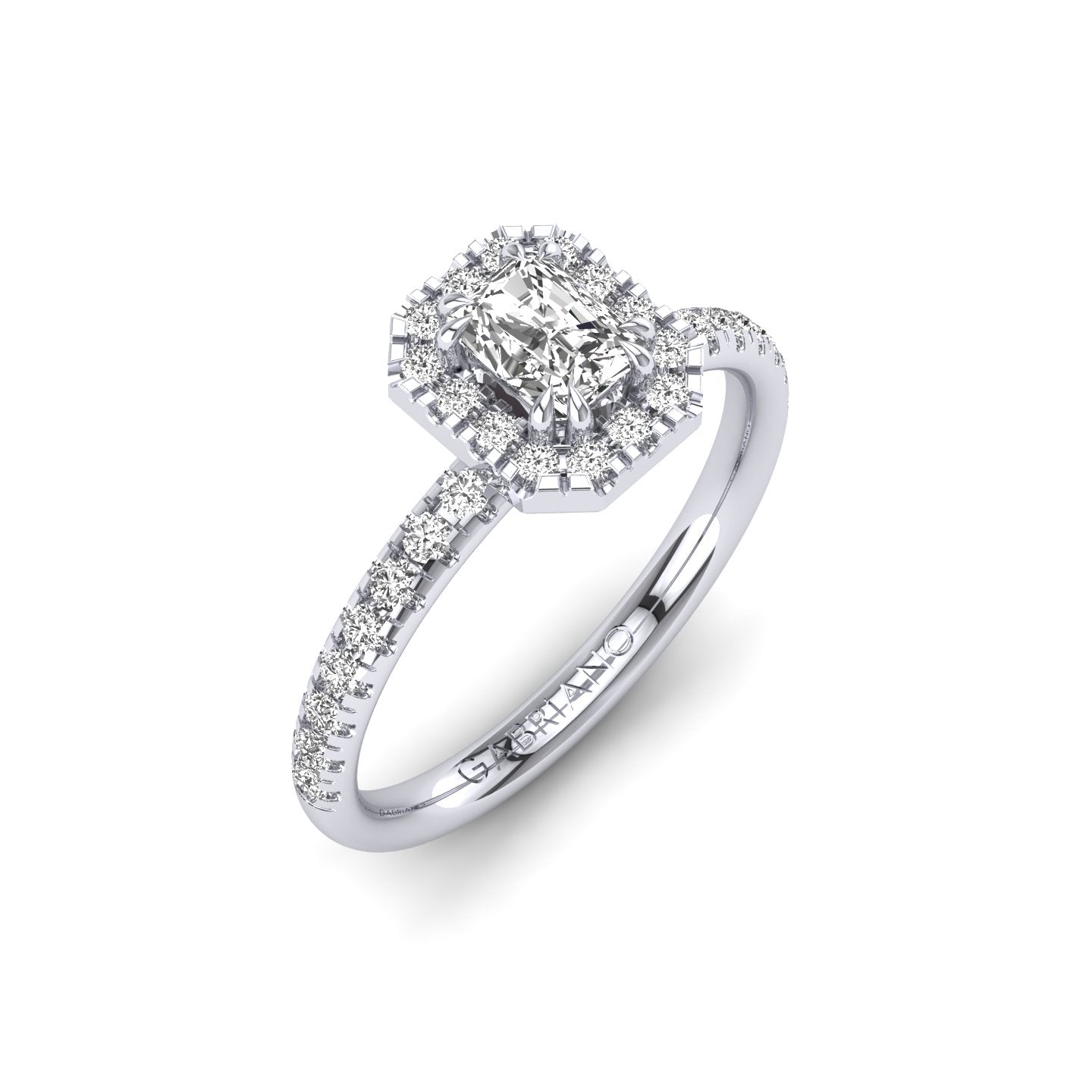 Gabriano Rivara 8 pençe tırnaklı tektaş yüzük; GIA-HRD sertifikalı radiant pırlanta ve beyaz altın montürün üstten görünüşü