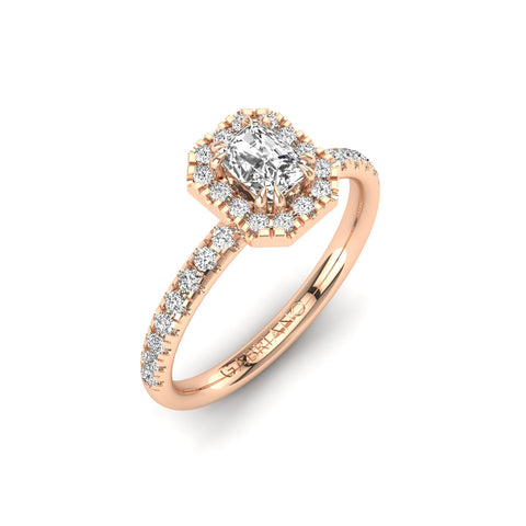 Gabriano Rivara 8 pençe tırnaklı tektaş yüzük; GIA-HRD sertifikalı radiant pırlanta ve rose altın montürün üstten görünüşü