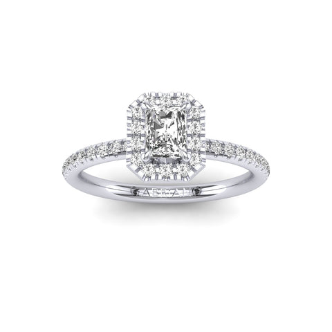 Gabriano Ventura 4 tırnaklı tektaş yüzük; GIA-HRD sertifikalı radiant pırlanta ve beyaz altın montürün üstten görünüşü