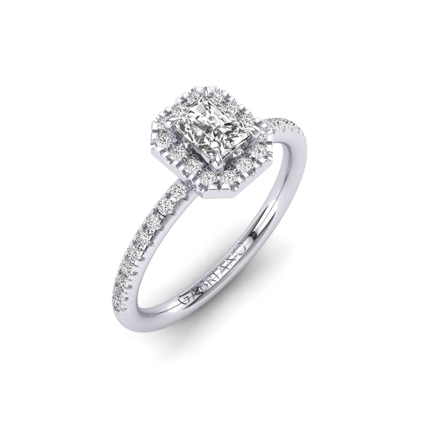 Gabriano Ventura 4 tırnaklı tektaş yüzük; GIA-HRD sertifikalı radiant pırlanta ve beyaz altın montürün üstten görünüşü