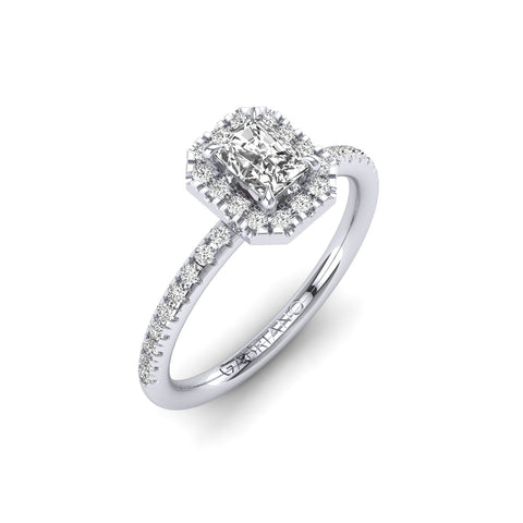 Gabriano Ventura 4 tırnaklı tektaş yüzük; GIA-HRD sertifikalı radiant pırlanta ve beyaz altın montürün üstten görünüşü