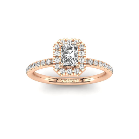 Gabriano Ventura 4 tırnaklı tektaş yüzük; GIA-HRD sertifikalı radiant pırlanta ve rose altın montürün üstten görünüşü