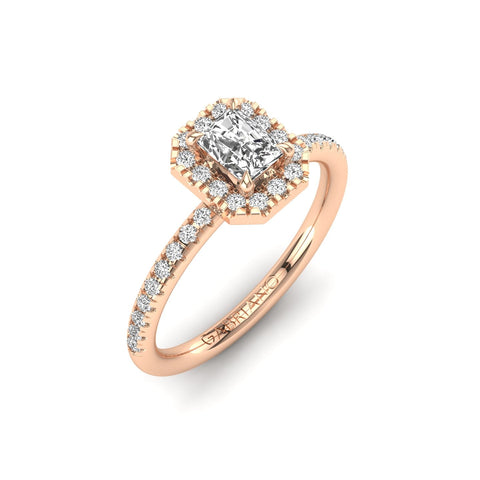 Gabriano Ventura 4 tırnaklı tektaş yüzük; GIA-HRD sertifikalı radiant pırlanta ve rose altın montürün üstten görünüşü
