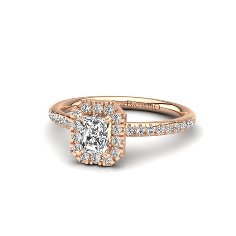 Gabriano Ventura 4 tırnaklı tektaş yüzük; GIA-HRD sertifikalı radiant pırlanta ve rose altın montürün üstten görünüşü