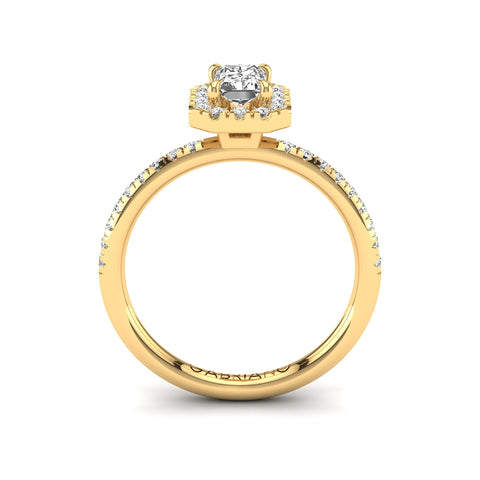 Gabriano Ventura 4 tırnaklı tektaş yüzük; GIA-HRD sertifikalı radiant pırlanta ve sarı altın montürün yandan görünüşü