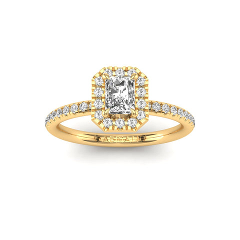 Gabriano Ventura 4 tırnaklı tektaş yüzük; GIA-HRD sertifikalı radiant pırlanta ve sarı altın montürün üstten görünüşü