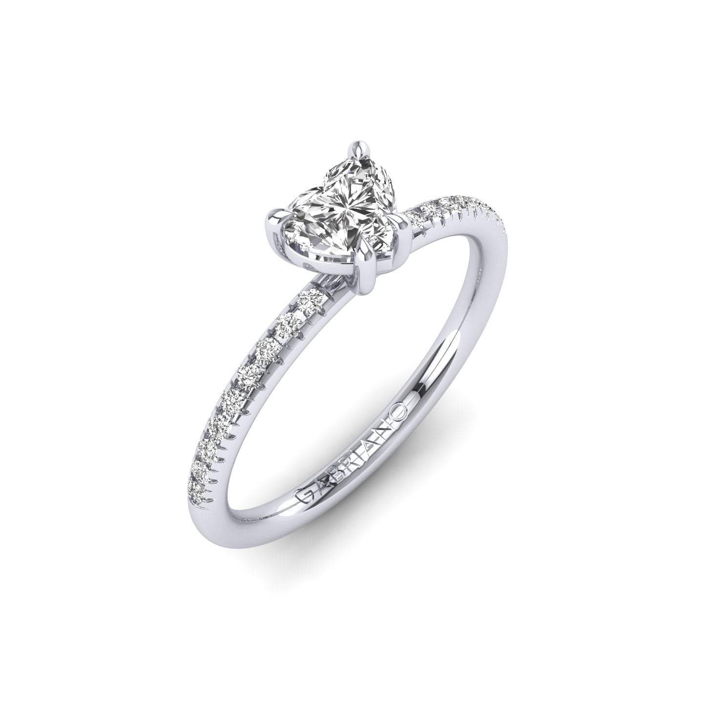 Gabriano Velvetine 4 pençe tırnaklı tektaş yüzük; GIA-HRD sertifikalı kalp pırlanta ve beyaz altın montürün üstten görünüşü