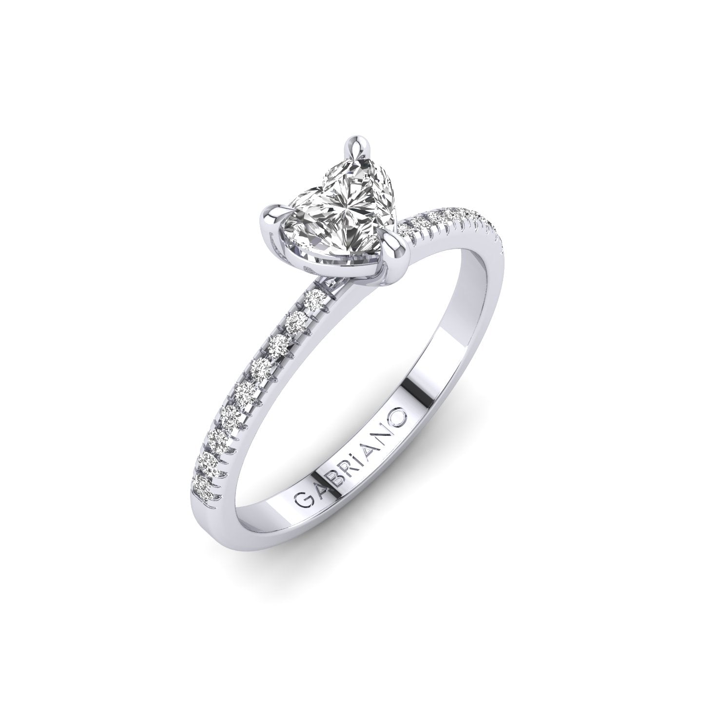 Gabriano Elinor 3 pençe tırnaklı tektaş yüzük; GIA-HRD sertifikalı kalp pırlanta ve beyaz altın montürün üstten görünüşü