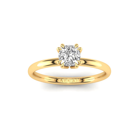 Gabriano Ivona 8 tırnaklı tektaş yüzük; GIA-HRD sertifikalı cushion pırlanta ve sarı altın montürün üstten görünüşü