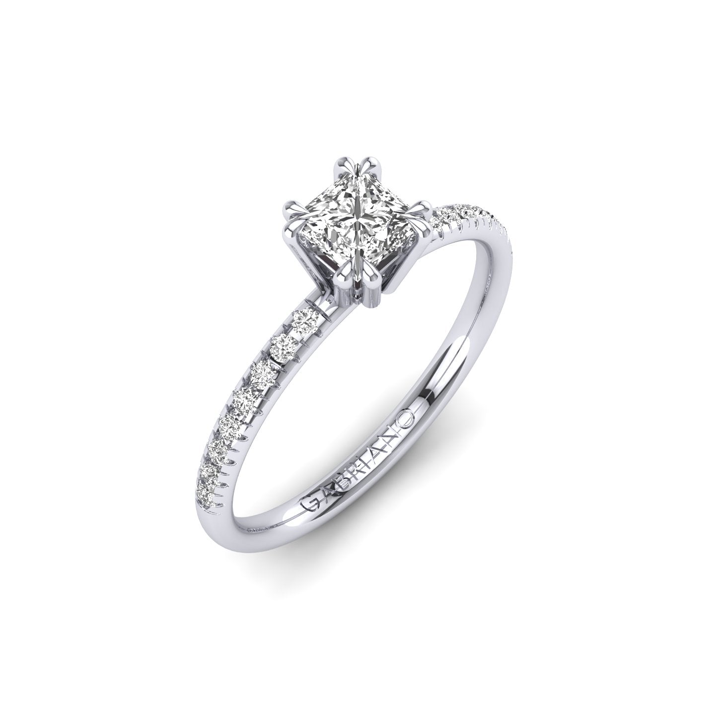 Gabriano Valoris 8 pençe tırnaklı tektaş yüzük; GIA-HRD sertifikalı prenses pırlanta ve beyaz altın montürün üstten görünüşü