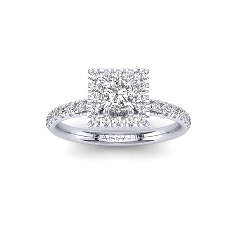 Gabriano Miray 8 tırnaklı tektaş yüzük; GIA-HRD sertifikalı cushion pırlanta ve beyaz altın montürün üstten görünüşü