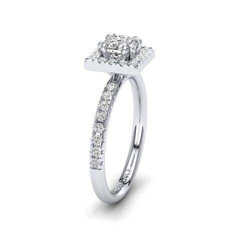 Gabriano Miray 8 tırnaklı tektaş yüzük; GIA-HRD sertifikalı cushion pırlanta ve beyaz altın montürün yandan görünüşü